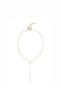 Collana in oro con un design delicato, caratterizzata da un ciondolo a lariat e una chiusura con lunghezza regolabile. Texture liscia e accenti minimalisti.