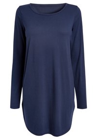 Tunique marine à manches longues en tissu doux, avec un col rond, une coupe droite et un ourlet arrondi avec des fentes sur les côtés.