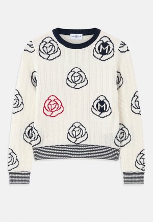 Knit sweater in cream with navy and red rose patterns. Features a ribbed neckline and cuffs, and horizontal striped hem.