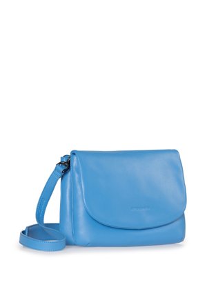Borsa a tracolla blu in pelle con chiusura a pattina, tracolla regolabile e texture liscia. Design minimalista con un sottile dettaglio del logo.