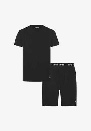 Zwart katoenen t-shirt met korte mouwen en ronde hals, gecombineerd met zwarte katoenen shorts met een elastische tailleband en logo.