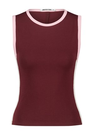 Burgunderfarbene ärmellose Bluse mit pinken und weißen Seiteneinsätzen. Aus weichem Stoff, mit Rundhalsausschnitt und taillierter Passform.