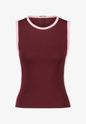 Burgunderfarbene ärmellose Bluse mit pinken und weißen Seiteneinsätzen. Aus weichem Stoff, mit Rundhalsausschnitt und taillierter Passform.