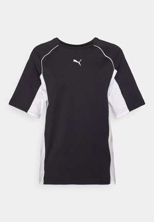 Schwarz-weiße Kurzarm-T-Shirt mit rundem Halsausschnitt, Raglanärmeln und einem kleinen weißen Logo auf der Brust. Aus Baumwollmischung.