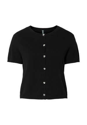 Cardigan noir à manches courtes en tissu doux, doté de boutons en argent en forme de cœur sur le devant et d'un col rond.