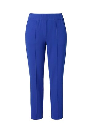 Blaue schlanke Hose mit elastischem Bund und vorderen Nahtdetails, entworfen für eine bequeme und maßgeschneiderte Passform.