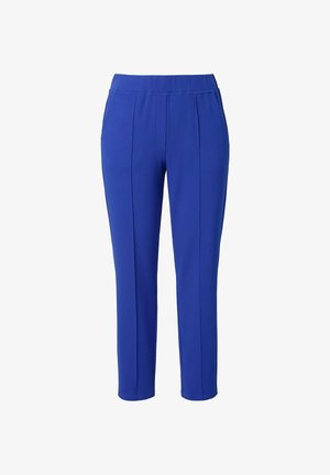 Pantaloni blu slim fit con cintura elastica e dettagli con cuciture frontali, progettati per una vestibilità comoda e su misura.