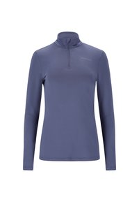 Langærmet zip-neck top i skiferblå, lavet af glat, strækbart stof. Har tætsiddende ærmer og et diskret logo på brystet.