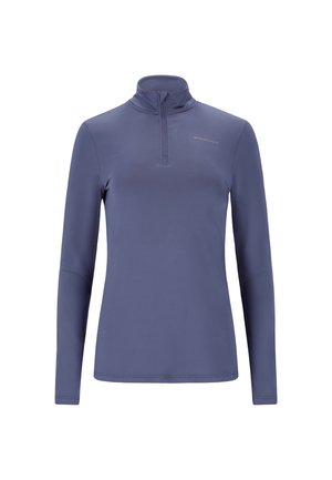 Långärmad topp med dragkedja i slate blue, tillverkad av mjukt, stretchigt tyg. Har åtsittande ärmar och en subtil logotyp på bröstet.