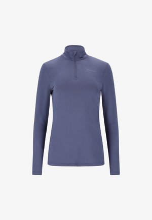Long-sleeve, zip-neck top in slate blue, made of smooth, stretchy fabric. Features fitted sleeves and a subtle logo on the chest.
