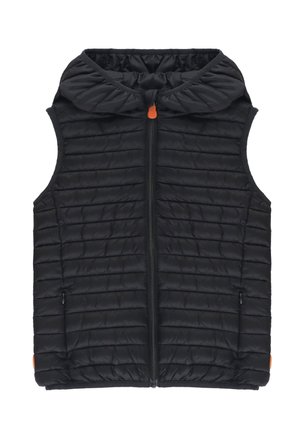 Gilet nero trapuntato senza maniche con zip frontale e collo alto, caratterizzato da sottili tiretti arancioni sulle zip e tasche laterali.