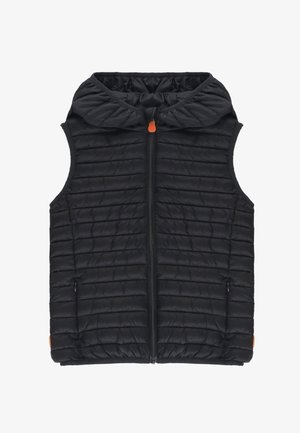 Gilet nero trapuntato senza maniche con zip frontale e collo alto, caratterizzato da sottili tiretti arancioni sulle zip e tasche laterali.