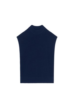 Marineblauer ärmelloser Rollkragenpullover mit geripptem Muster, hohem Kragen und tailliertem Saum. Hergestellt aus einem dehnbaren Strickmaterial.