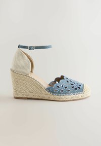 Sandale compensée en denim bleu avec découpes florales, talon beige tressé et bride de cheville avec boucle sur fond neutre.