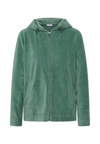 Veste zippée en velours côtelé vert avec une capuche, dotée de deux poches avant et d'accents en cordon de serrage. Texture douce et détails en motif côtelé.