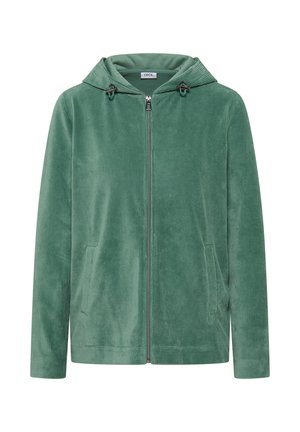 Groene corduroy zip-up jas met capuchon, voorzien van twee voorzakken en trekkoordaccenten. Zachte textuur en geribbelde patroon details.