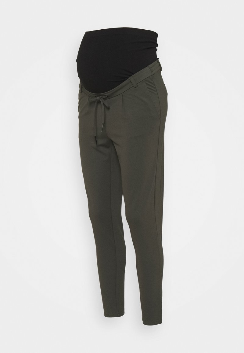Pantalon de maternité avec taille ajustable, jambes fuselées vert olive et panneau ventral noir extensible.