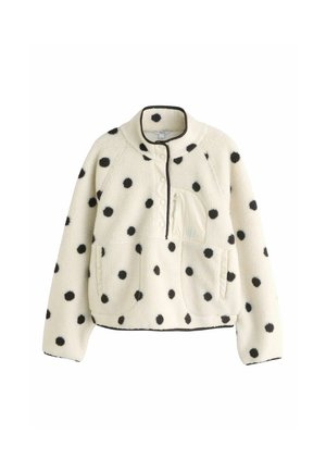 Biely fleeceový pulóver s čiernymi bodkami, predný zapínaný na patentky, na hrudi so zipsom a dvoma bočnými vreckami, s čiernymi lemami.