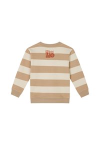 Beige- und cremefarbener gestreifter Sweatshirt mit einem roten Rückendruck, der das Wort "Hola" und ein Postdesign zeigt. Gerippte Bündchen und Halsauschnitt.
