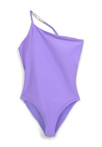 Costume intero asimmetrico di colore viola chiaro, realizzato in tessuto morbido, presenta una fascia decorativa con piccole perline.