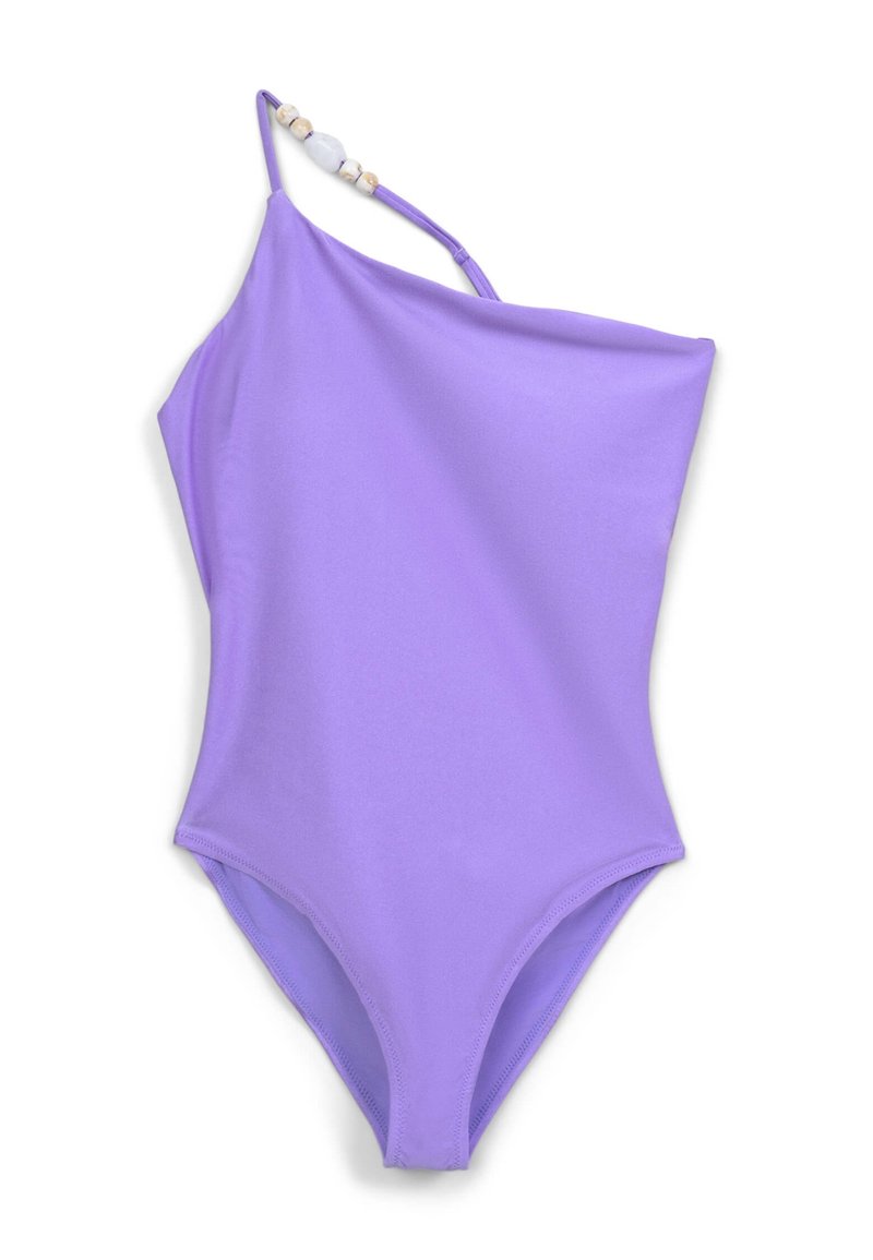 Costume intero asimmetrico di colore viola chiaro, realizzato in tessuto morbido, presenta una fascia decorativa con piccole perline.