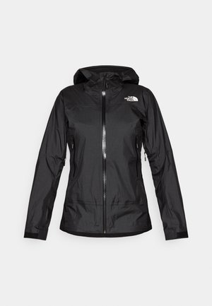 Black waterproof jacket with a hood, featuring a front zipper and two side pockets. The North Face logo is visible on the upper right side.