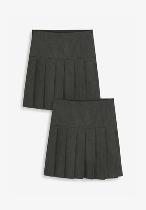 Zwei plissierte Röcke aus dunkelgrauem Stoff. Jeder hat einen flachen Bund und vertikale Falten. Der Stoff wirkt glatt mit einer feinen Textur.