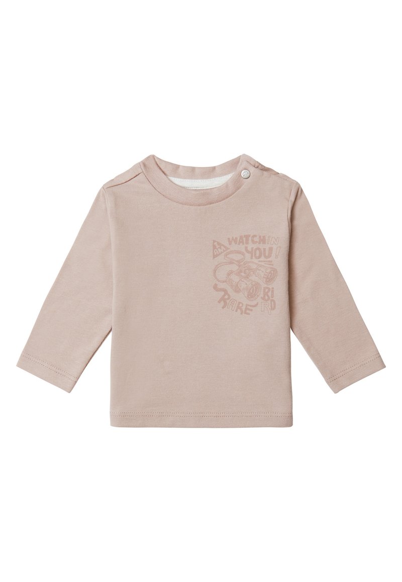 Lange mouwen shirt in lichtbeige katoen, met een ronde halslijn en drukknoop op de schouder, met een bedrukt grafisch ontwerp.