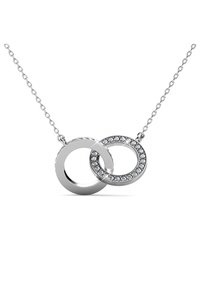 Collana d'argento con due cerchi intrecciati, uno lucidato e l'altro impreziosito con piccole gemme di vetro trasparenti, su una sottile catena.