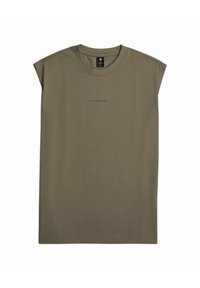 T-shirt verde oliva a maniche corte realizzato in morbido cotone, con scollo rotondo e un discreto logo "G-STAR RAW" sul petto. Design semplice.
