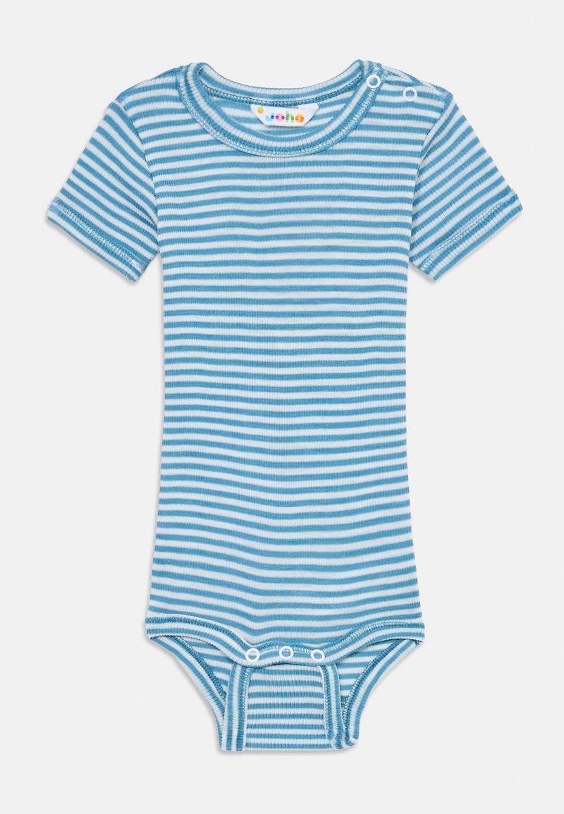 Bodysuit pour bébé à manches courtes en rayures bleu clair et blanches, avec un col rond et des boutons-pression aux épaules et au bas.