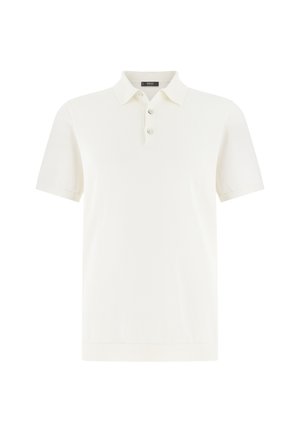 Weißes kurzärmeliges Poloshirt mit drei Knöpfen und Kragen, dargestellt vor einem schlichten weißen Hintergrund.