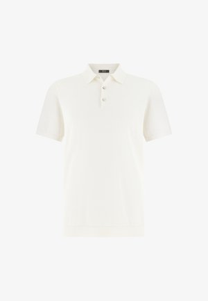 Biała koszulka polo z krótkim rękawem, trzema guzikami i kołnierzykiem, prezentowana na jednolitym białym tle.