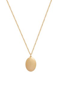Goldfarbener Metallhalsreif mit einer dünnen Kette und einem ovalen Anhänger mit gebürsteter Oberfläche. Einfaches und elegantes Design.