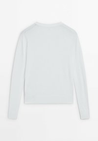 Ljusblå långärmad tröja med rund halsringning, ribbade ärmslut och nederkant, tillverkad av mjukt stickat material, har sidoflikar för ökad komfort.