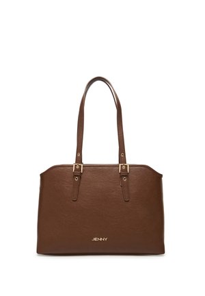 Braune Lederhandtasche mit doppelten Trägern, goldfarbenen Schnallendetails und dem "JENNY"-Logo auf der Vorderseite, präsentiert vor weißem Hintergrund.