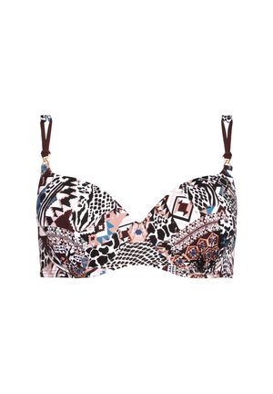 Biustonosz w wieloma wzorami w kolorze czarnym, białym i brązowym z akcentami niebieskiego. Posiada formowane miseczki, regulowane ramiączka oraz ozdobne złote akcenty.