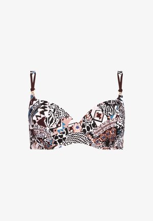 Biustonosz w wieloma wzorami w kolorze czarnym, białym i brązowym z akcentami niebieskiego. Posiada formowane miseczki, regulowane ramiączka oraz ozdobne złote akcenty.