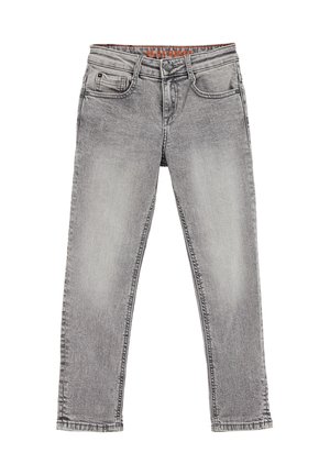 Grey denim jeans with a straight-leg cut, featuring front pockets, a button closure, and a branded waistband. Faded finish with subtle texture.
