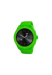 Groene siliconen horloge met een zwarte wijzerplaat. Voorzien van gedurfde witte cijfers, een driehoekig logo en minimalistische batterij- en modusindicatoren.