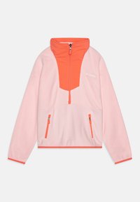 Pulovers no vilnas gaisā rozā krāsā ar orange pusi-zip jaku. Ievērojamas divas kabatas ar rāvējslēdzējiem un kontrastējoša oranža apdare pie aprocēm.