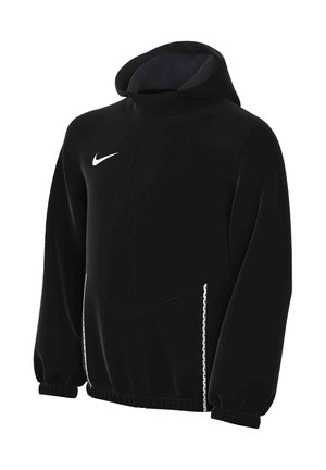 Giacca nera Nike con cappuccio, cerniera frontale completa, polsini elastici, logo bianco sul petto e dettagli bianchi vicino alle tasche.
