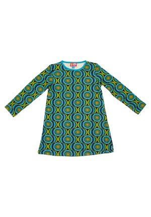 Sukienka z długim rękawem w intensywne niebieskie, zielone i żółte wzory z kwiatowymi motywami, wykonana z miękkiej, elastycznej tkaniny. Okrągły dekolt.