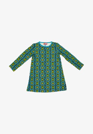 Robe à manches longues arborant un motif coloré en bleu, vert et jaune avec des motifs floraux, fabriquée en tissu doux et extensible. Encolure ronde.