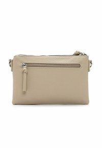 Borsa a tracolla in pelle beige con finitura texturizzata, dotata di zip superiore, tasca frontale e tracolla staccabile.