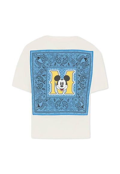 Katoenen T-shirt in off-white met een blauwe paisleyprint op de achterkant, met een gele "M" en Mickey Mouse graphic in het midden.