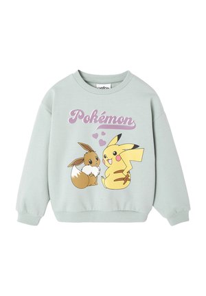 Hellgrüner Sweatshirt mit Pokémon-Charakteren Eevee und Pikachu. Bedruckter Text "Pokémon" in Pink, mit Herzen über Pikachu.