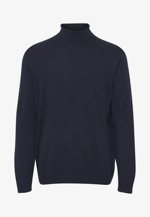 Marineblå genser med høy hals laget av myk, elastisk strikket stoff. Har lange ermer og ribbestrikket hals, mansjetter og hem for en tettsittende look.