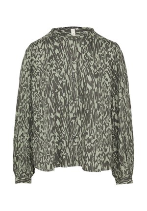 Koszula z długim rękawem w kolorze oliwkowym z ciemnym abstrakcyjnym wzorem, z zapięciem na guziki z przodu i kołnierzykiem mandaryńskim. Miękki, teksturowany materiał.