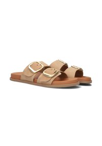Suède sleehak sandalen in beige met twee opvallende gouden gespen, een platte tan zool en een gladde textuur. Eenvoudig open teen ontwerp.